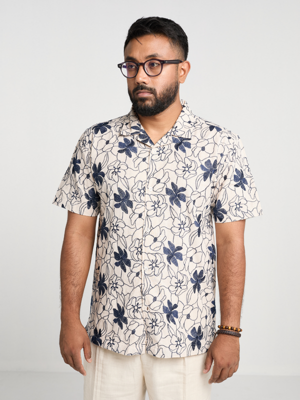 White & Navy Floral Cuban Shirt
